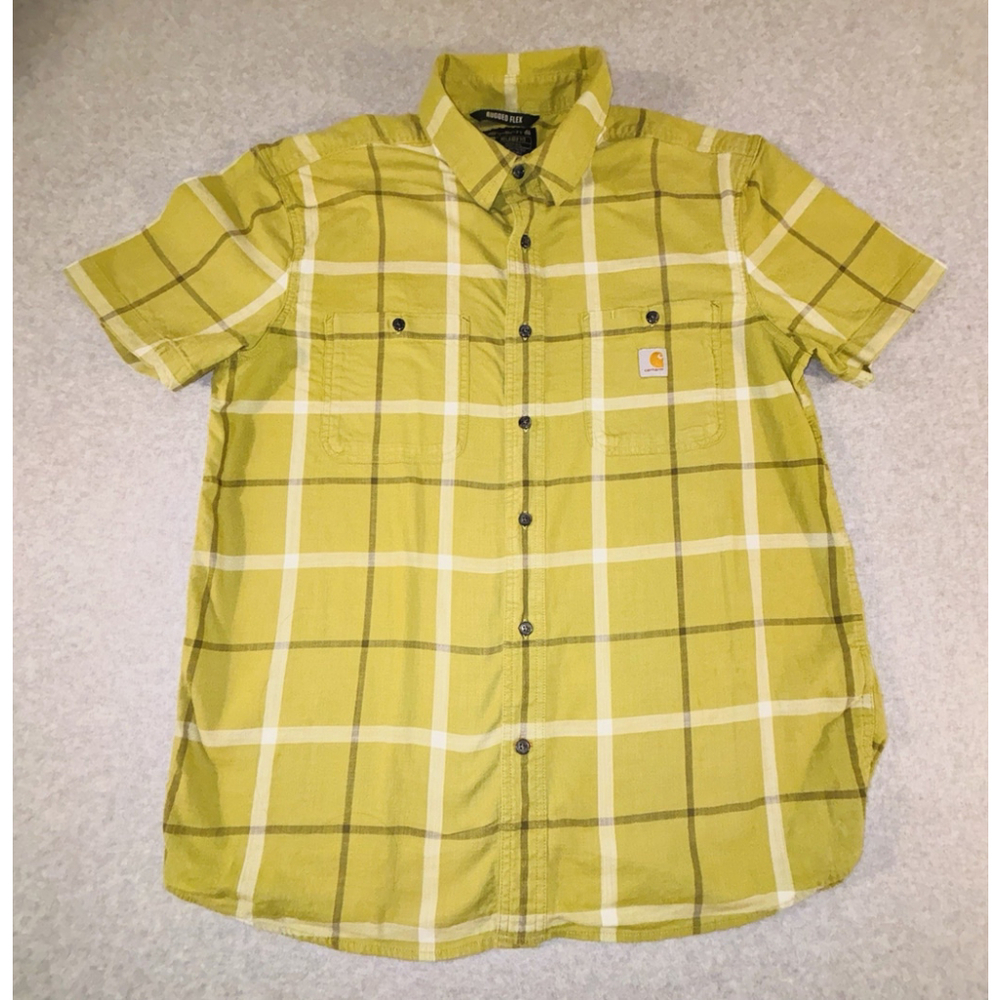 Carhartt Rugged Flex Plaid Work Shirt Mens Large Yellow Short Sleeve